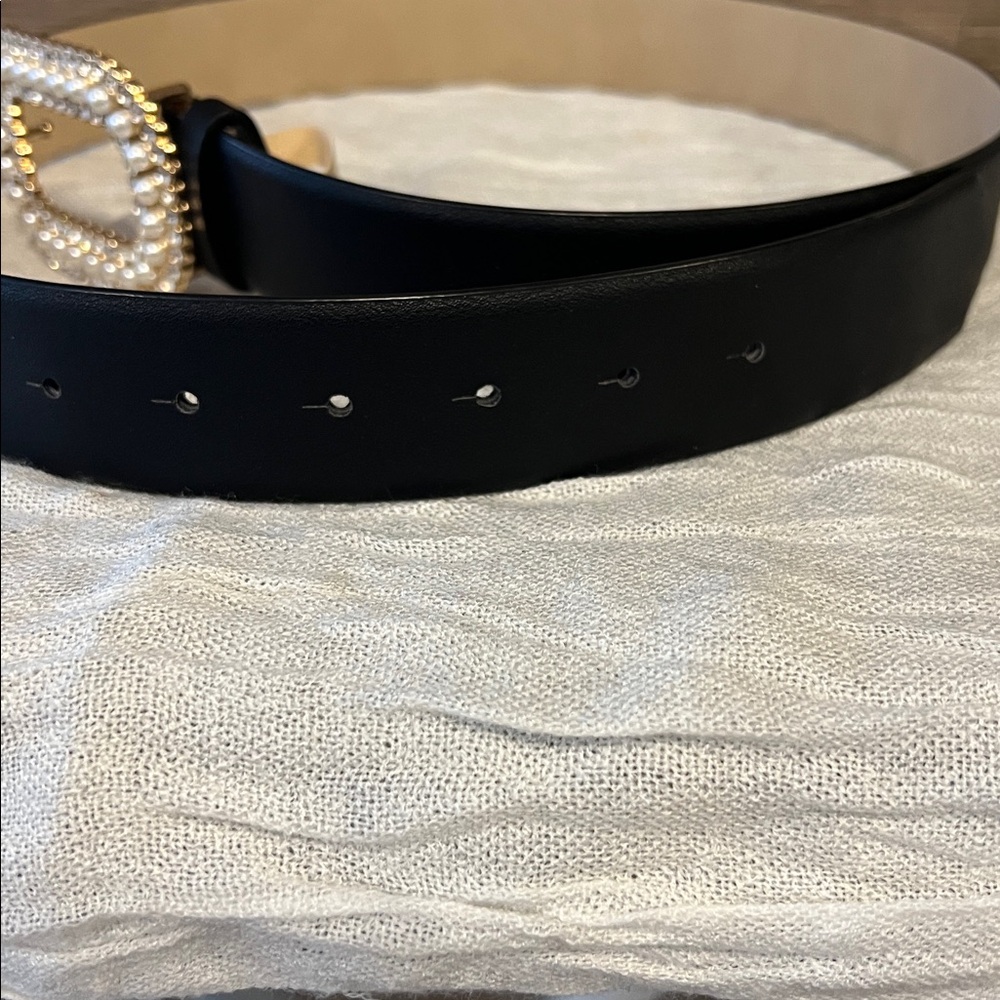 Blue faux leather belt with pearl & rhinestone buckle   Like new. 44” - Picture 3 of 3